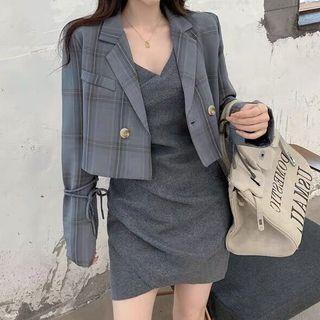 Plaid Double-breasted Cropped Blazer / Spaghetti Strap Mini Bodycon Dress / Set