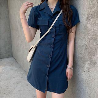 Short-sleeve Mini Shirt Dress Dark Blue - One Size