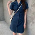 Short-sleeve Mini Shirt Dress Dark Blue - One Size