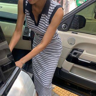 Sleeveless Stripe Maxi Polo Shirtdress