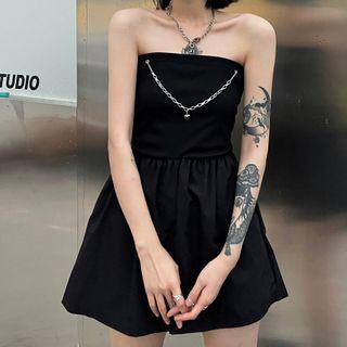 Strapless Chain-accent Plain Romper