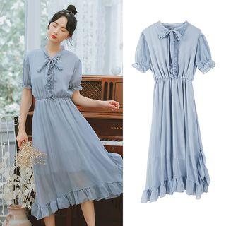 Ruffle Trim Short-sleeve Tie-neck Dress
