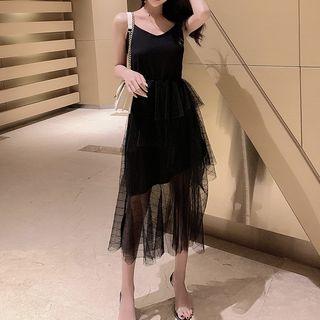 Spaghetti Strap Mesh Paneled A-line Midi Dress