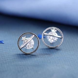 925 Sterling Silver Rhinestone Planet Earring 1 Pair - Earrings - One Size