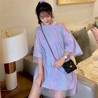 Mock Two-piece Sequined 3/4-sleeve T-shirt