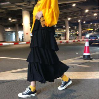 Knit Midi A-line Tiered Skirt
