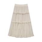 Striped Fringed Trim Midi A-line Skirt Beige - One Size