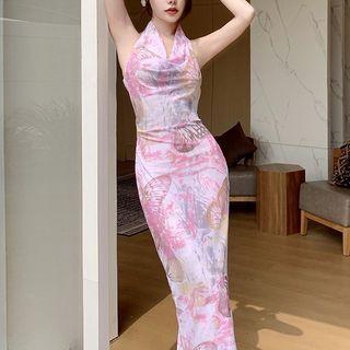Halter Butterfly Print Maxi Bodycon Dress