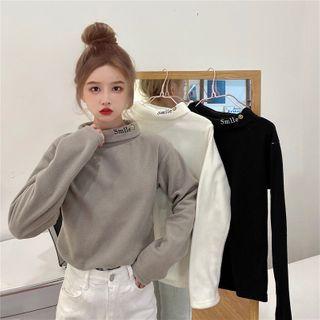 Smiley Embroidered Fleece-lined Turtleneck T-shirt
