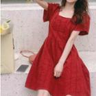 Square Neck Short-sleeve A-line Dress Red - One Size