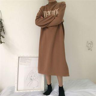 Lettering Mock-neck Midi Pullover Dress