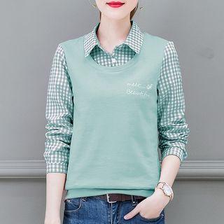 Mock Two-piece Long-sleeve Gingham Paneled Shirt