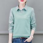 Mock Two-piece Long-sleeve Gingham Paneled Shirt