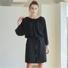 Half-placket Tab-sleeve Dress Black - One Size
