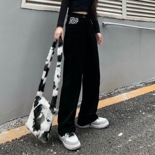 Leopard Print Panel Corduroy Straight-leg Pants