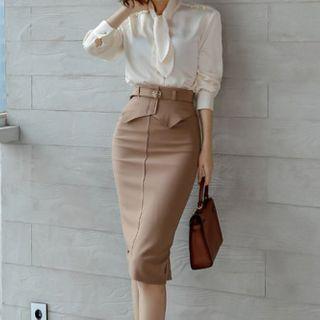 Set: Long-sleeve Tie-neck Blouse + Mini Fitted Skirt