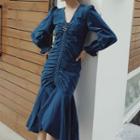 Long-sleeve Hook-and-eye Shirred Midi A-line Dress