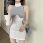 Sleeveless Mock-neck Two-tone Mini Bodycon Dress Gray & White - One Size