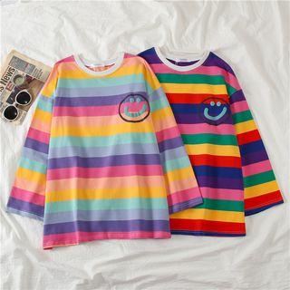 Long-sleeve Striped Smiley-print T-shirt