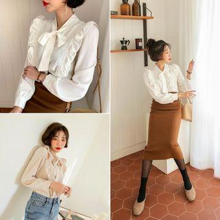 Tie-neck Frilled Lace-trim Blouse