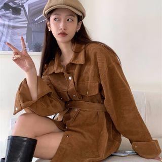 Long-sleeve Tie-waist Corduroy Shirt