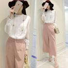 Set: Frill Collar Chiffon Blouse + Cropped Wide Leg Pants