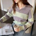 Polo-neck Striped Sweater Light Green - One Size