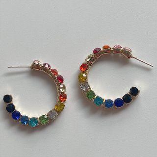 Rainbow Rhinestone Hoop Stud Earring / Clip-on Earring