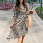 Elbow-sleeve Leopard Print A-line Dress