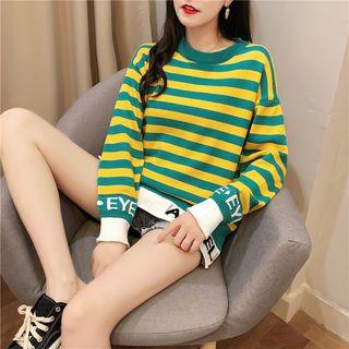 Long-sleeve Mock Two Piece Striped Letter Embroidered Split Hem Knit Top