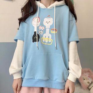 Mock Two-piece Bear Print Hoodie