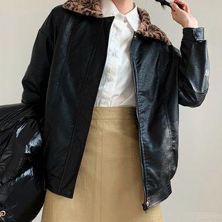 Leopard Print Collar Faux Leather Zip Jacket