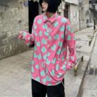 Long-sleeve Heart Print Shirt 2 Tones - Pink & Blue - One Size