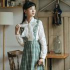 Set: Eyelet Lace Long-sleeve Top + Plaid Midi Suspender Skirt