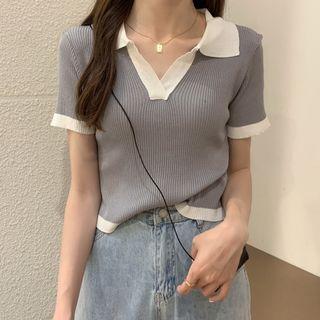Color Block Short Sleeve Knit Crop Top
