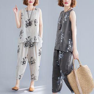 Set: Flower Print Sleeveless Linen Top + Harem Pants