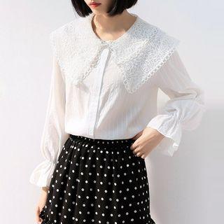 Long-sleeve Lace Paneled Wide Collar Shirt
