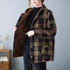 Fleece-lined Plaid Hooded Button Jacket