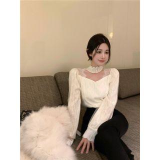 Mock-neck Plain Mesh Lace Top Off-white - One Size