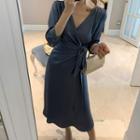 3/4-sleeve Satin Knotted A-line Midi Dress