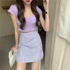 Plaid Short-sleeve Slim-fit Top / Check Skirt