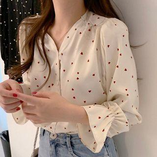 Long-sleeve Buttoned Heart Print V-neck Blouse