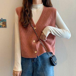 V-neck Button-up Knit Vest / Long-sleeve Mock-neck Top