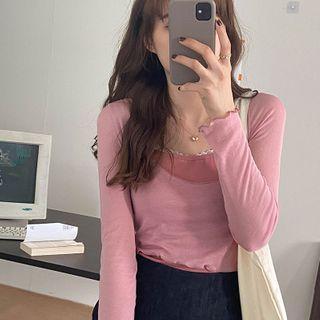 Long-sleeve Frill Trim Plain Top + Plain Camisole