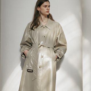 Belted Faux-leather Long Trench Coat Beige - One Size