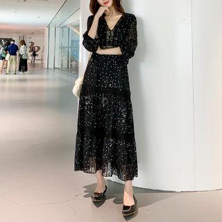 Balloon-sleeve Dotted Lace Trim Midi A-line Dress