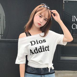 Set: Short-sleeve Lettering T-shirt + Mesh Tank Top