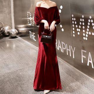 Off-shoulder Puff Sleeve Slit Mermaid Evening Gown