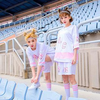 Set: Contrast-trim Lettering Top + Printed Sweat Shorts