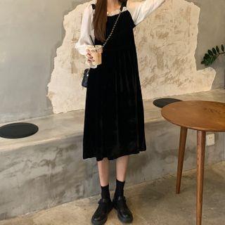 Puff-sleeve Two Tone Midi Dress Black - One Size